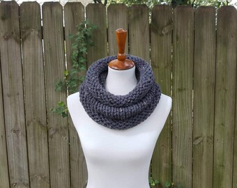 Knit Infinity Scarf, Chunky Knit Scarf, Knit Cowl, Knit Snood, The Birch Cowl, Small - Graphite Tweed
