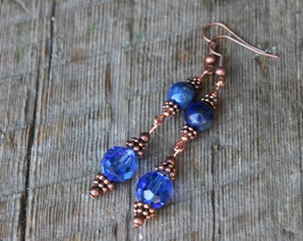 Copper, Swarovski Crystal, and Lapis Lazuli Drop Earrings