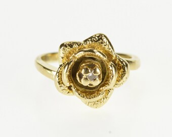 14K Diamond Inset Stylized Rose Flower 3D Floral Ring Size 3.5 Yellow Gold