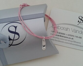 Solid Silver Ballet Slipper Charm, Waxed Cotton Adjustable Silver Charm Bracelet, Silver Ballet Shoe, UK Seller.