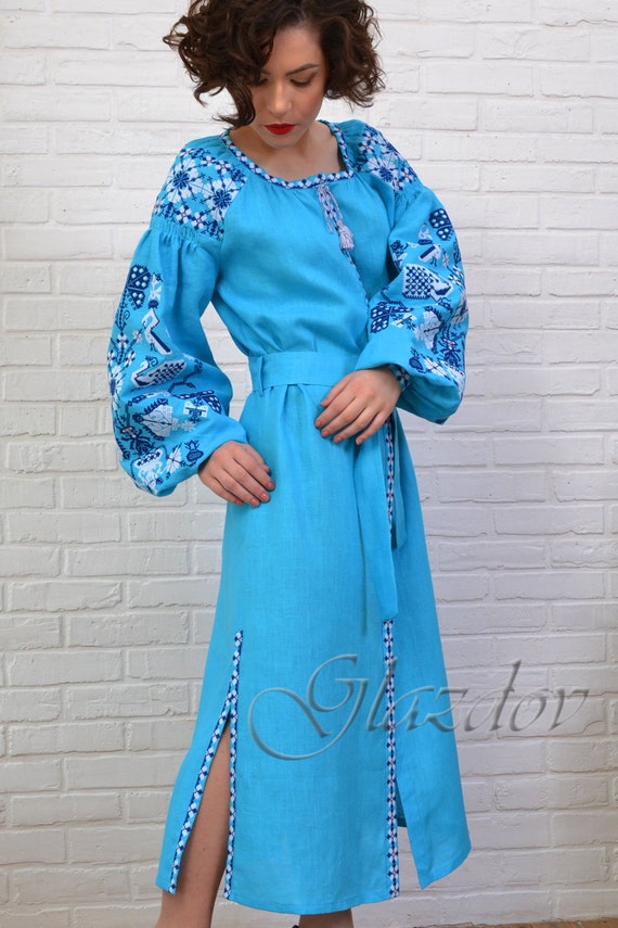 Embroidered Linen Vyshyvanka Dress. Boho Style Dress