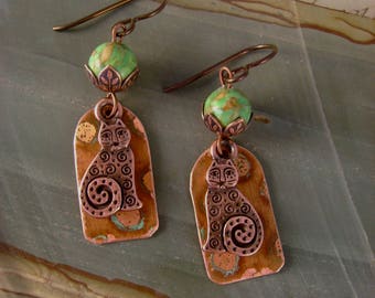 Crazy Cat Lady - Vintage Anodized Copper Smirky Copper Cats Agate Beads Niobium Recycled Repurposed Cat Lover Steampunk Earrings