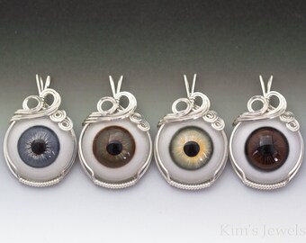 Hazel, Blue, Green, Brown, or Bobcat Glass Eye Eyeball Sterling Silver Wire Wrapped Pendant