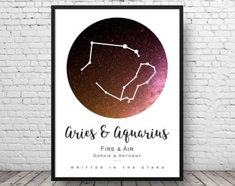 Couples Star Sign Print - Constellation Wall Art - Custom Couples Gift - Couples Zodiac Print - Custom Partner Gift - Double Star Sign