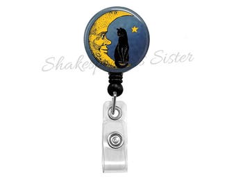 Black Cat Sitting on Moon Badge Reel - Retractable ID Holder - Nurse Badge Reel - Moon Badge Reel