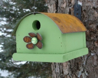 Green Birdhouse, Outdoor Bird House, Functional Birdhouse, Outdoor Garden Decor, Rustic Birdhouses, Gift for Gardener, Lime Green