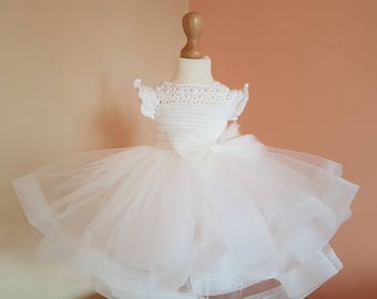 Robe Tutu Avec Nœud Papillon Pour Fille - Idéale Mariage, Baptême, Fête (tailles 6 Mois à 10 Ans)