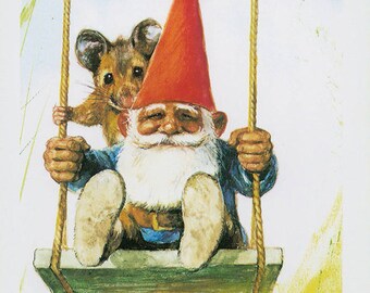 Vintage art print 80s. David the gnome on a swing. By Rien Poortvliet.