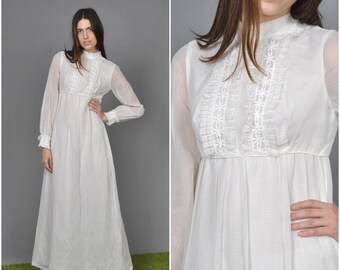 1970s White Emma Domb Flower Child dress | vintage 70s dress | 1970s white cotton voile lace 70s maxi dress