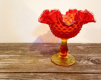 Vintage Fenton Amberina Red Compote Hobnail Double Crimped Dish Christmas Holiday Bowl