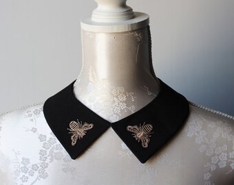 Black collar necklace with embroidered gold bee pointed shape detachable accessories for women removeable peter pan collar