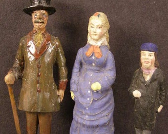 3 1900 German Putz Wood Composition Stick Leg Christmas Village H Painted Figure