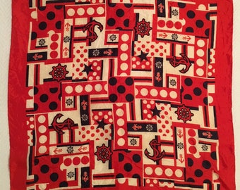 Vintage 1970s Red Creme and Blue Nautical Scarf