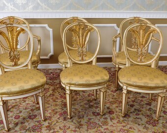 Set 6 Bethlehem Furn. 1930s Shabby Chic ~ Hollywood Regency Fleur-De-Lis Paint Decorated Dining Room Chairs