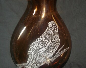 Hand Engraved Hawk / etched vase.