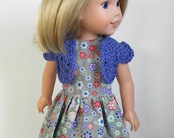 14.5" Doll Clothes Sleeveless Gray Dress and Crocheted Royal Blue Bolero Handmade to fit Wellie Wishers Dolls - Gray and Multi Color Flowers