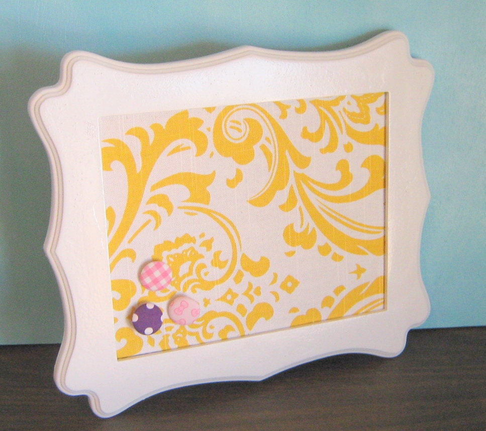 White Decorative PIn Board Scalloped Frame Yellow Damask Hostess Gift for Her Memo Board Ready To Ship White Decorative PIn Board Scalloped Frame Yellow Damask Hostess Gift for Her Memo Board Ready To Ship