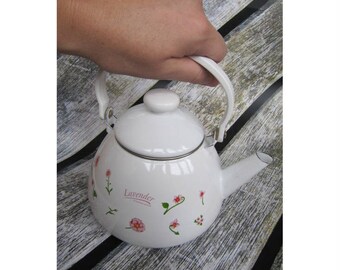 enamel tea kettle vintage enameled kettle rustic kettle germany enamelware pitcher enamel teapot white enamel coffee pot kitchenware country