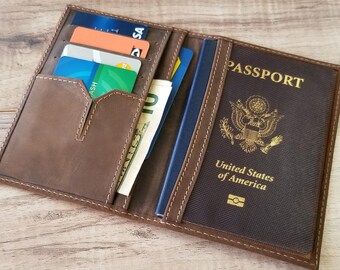 Leather Passport Wallet, Engraved Passport Cover, Leather Passport Holder, Travel Wallet, PERSONALIZED Bifold Passport Wallet- TRUVA - BROWN