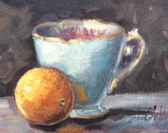 Blue English Tea cup and tangerine original oil painting 5 x 7"