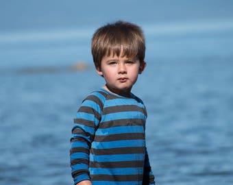 Chemise de laine mérinos pure à manches longues - bleu et anthracite à rayures / Kid enfant enfant en bas âge couche de Base