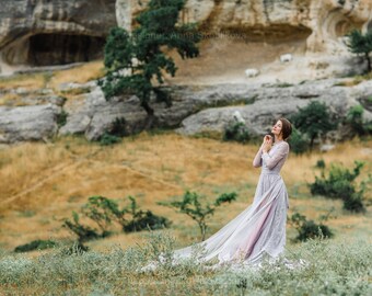Long sleeve wedding dress, Vintage wedding dress, Gray Grey wedding dress, Winter wedding dress, Lilac Custom wedding dress, 0206 // 2018