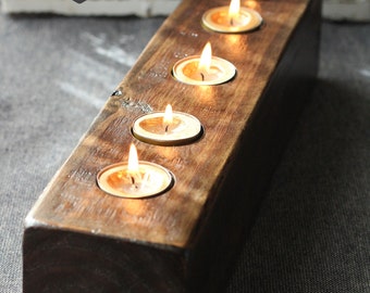 Wooden Candle Holder / Reclaimed Wood / Long Wooden Tea Light Holder for 5 Candles (Dark Walnut, 15" long)