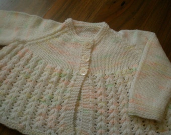 hand knitted baby matinee jacket / cardigan / baby sweater white with splashes of pink lemon and green 0-3 month
