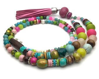 Long statement necklace, statement jewelry, long tassel necklace, multi color, boho jewelry, beaded necklace, colorful