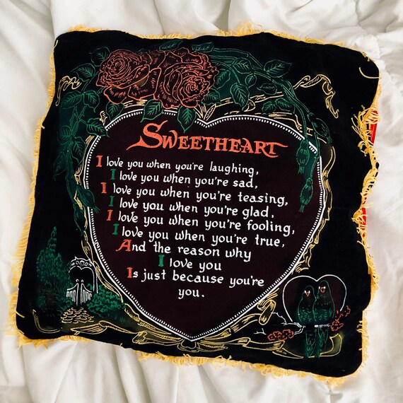 Vintage Velveteen Pillow Case/Wall Hanging with Rose Graphic & Fringe Detail