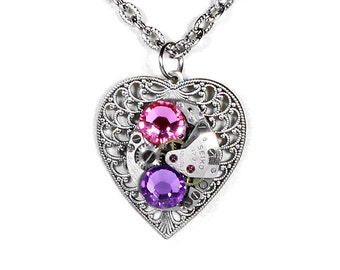 Steampunk Jewelry Necklace SEIKO Watch Silver Filigree HEART Pink Lilac Crystal Wedding Bridesmaids, Mothers Day Gift - Steampunk Boutique
