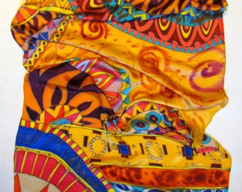 Silk scarf, handpainted. Hand painted Silk Shawl with African motifs. Batik Hand painted Silk scarf.Luxury gift for her. Made to order.