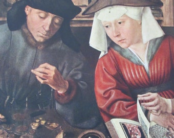 Quentin Matsys Reproduction Fine Art Print/The Money Lender and His Wife/1951 Vintage Book Page/9.5 x 13 in