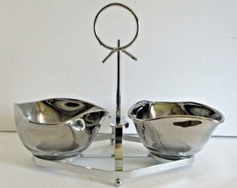 Vintage 1950s NOS Mid-Century Modern Queen's Lusterware Two Bowl Snack Set Silver Fade Glass Chrome Caddy In Box