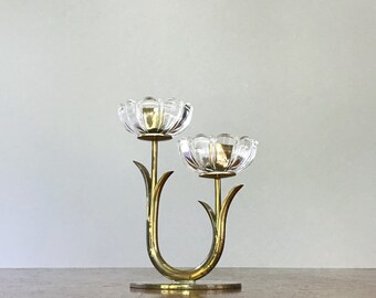 Small Mid Century Brass Ystad Metall Swedish Candelabra - Gunnar Ander Glass Flower
