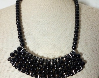 Boho black Agate natural stone bib necklace