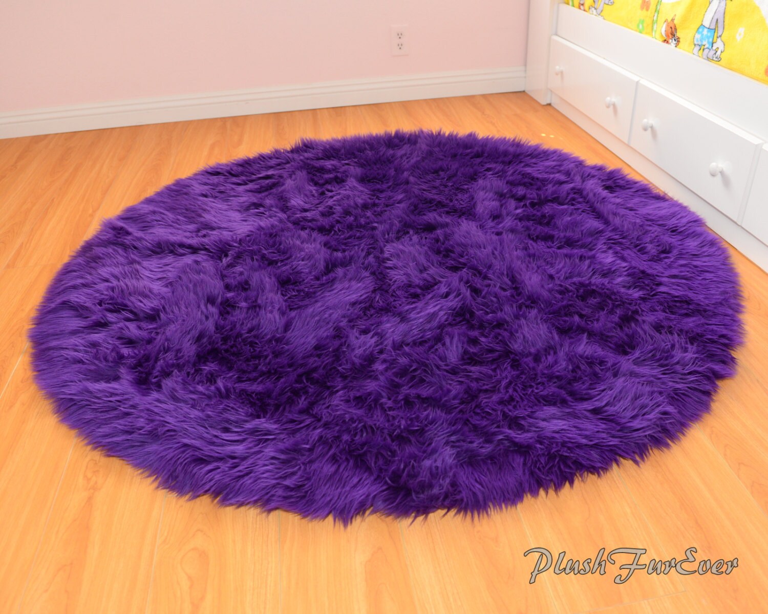 Royal Purple Shaggy Round Area Rug Throw Decor Luxury Faux Fur