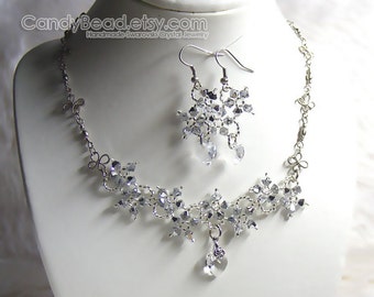Swarovski Necklace and Earrings, Silver Metalic Flower Swarovski Crystal Silver Necklace and Matching Earrings by CandyBead