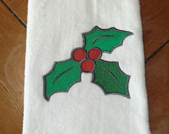 White Embroidered Finger Tip Towel - Christmas - Holly & Berries