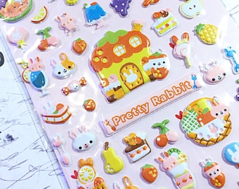 Kawaii pretty rabbit sticker sheet - kawaii petit puffy sticker sheet