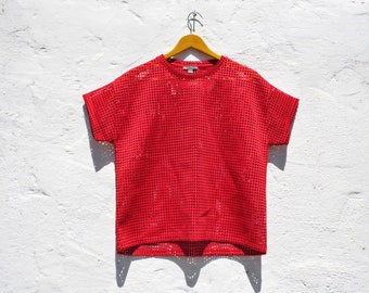 Red top avant garde top holes blouse holes top red t-shirt