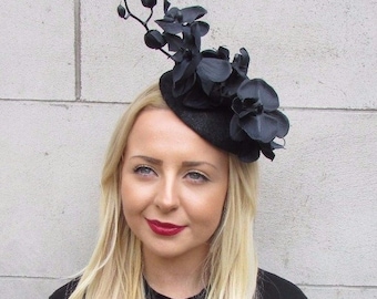 Black Sinamay Orchid Flower Fascinator Pillbox Hat Hair Clip Ascot Races 5169