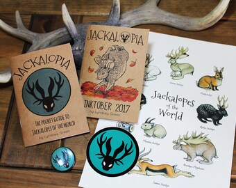 Jackalopes Zine Bundle - Jackalopia & Inktober Zines, Badge, Sticker + A4 Print