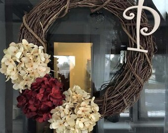 CUSTOM Front Door Wreath, Hyndrangea Wreath, Wreath with Initial, Front Door Decor, Custom Wreath, Front Porch Decor, Rustic Farmhouse Decor
