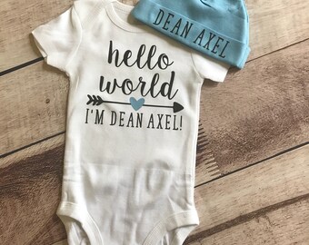 Hello World Newborn Outfit with Hat , Personalized Bodysuit, Baby Shower Gift, Take Home Outfit, Hello World