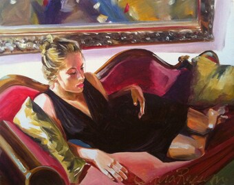 RED CHAISE , Art Print of Original Oil Painting, figurative painting