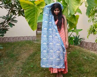 indigo blue navy cotton silk scarf, hand dyed, block printed scarf, gifts for women, light blue scarf, Fashion scarf, anniversary gift- Rain