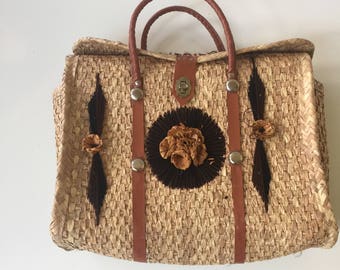 Vintage Mexican Straw Beach Tote Bag 60s 70s
