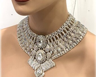 Wedding jewelry set, Bridal jewelry set, Silver, Aurora Crystal bridal bib necklace earrings, Luxury Indian Bollywood kundan fashion jewelry