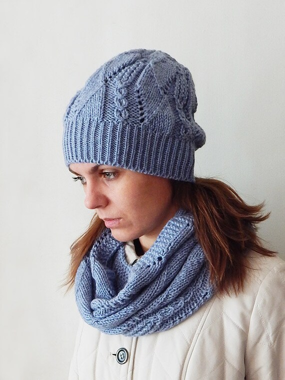 Knitted blue beanie hat and cowl set women's knited